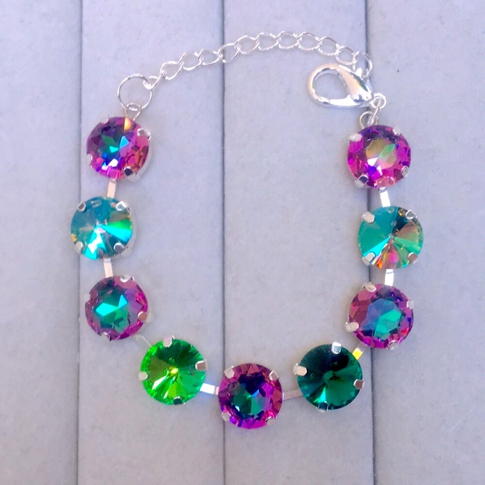 Iridescent Emerald + Fuchsia Heliotrope Silver Crystal Tennis Bracelet - Picture 6 of 8